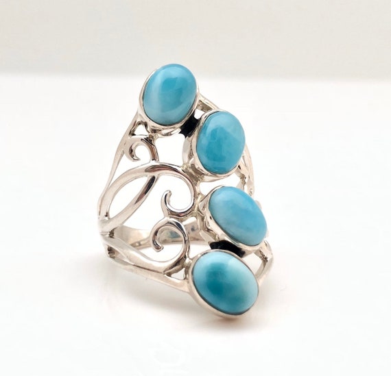 Size 9 Sterling Silver Larimar Ring with Oval Swirls Setting