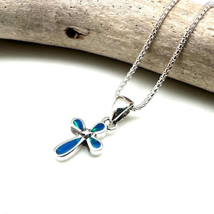 Blue Opal Little Cross Necklace 18” 12mm // Simple Blue Opal Silver Cross Pendant with 18” chain // Sterling Silver