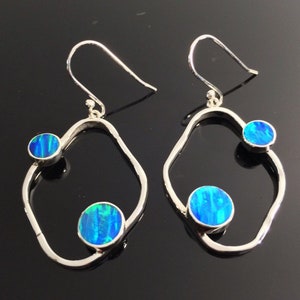 Silver Opal Earrings // Blue Opal Earrings with Hammered Oval Design // Blue Opal Earrings