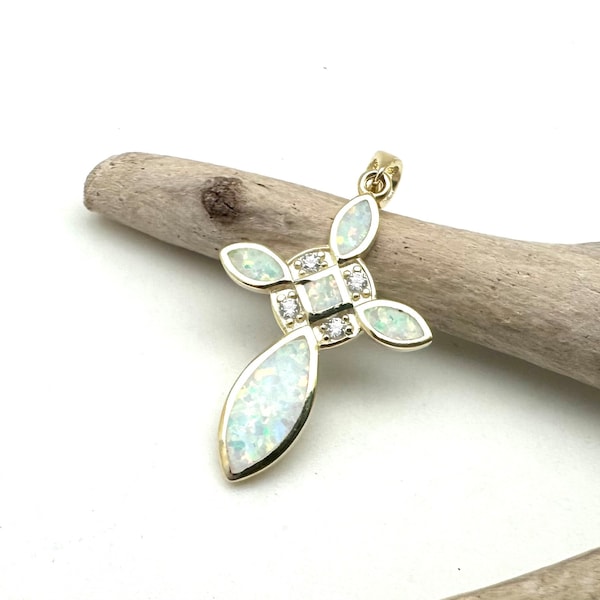 White Opal Gold Cross Pendant 30mm // Simple White Opal Gold Cross Pendant // Modern Minimalist Opal Necklace // Gold Plated Sterling Silver