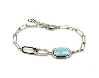 Bracciale in argento Larimar - Bracciale geometrico in argento Larimar - Larimar naturale - Bracciale con graffetta - Da 6,5 a 7,5 pollici - Sterling 925