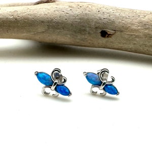 Blue Opal Earrings 10mm // Blue Opal Stud Fleur de Lys Earrings // 925 Sterling Silver // October Birthstone