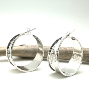 Silver Hammered Hoop Earrings 33mm / Modern Hammered Large Silver Post Hoops / Tapered / 925 Sterling Silver