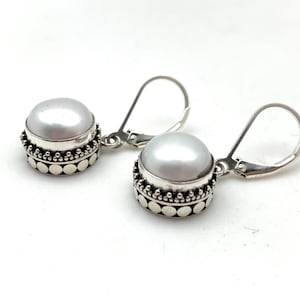 White Pearl Dangly Earrings 12mm // White Pearl Bali Earrings // Natural Round Shape // Silver Pearl Earrings // 925 Sterling Silver