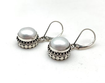 White Pearl Dangly Earrings 12mm // White Pearl Bali Earrings // Natural Round Shape // Silver Pearl Earrings // 925 Sterling Silver