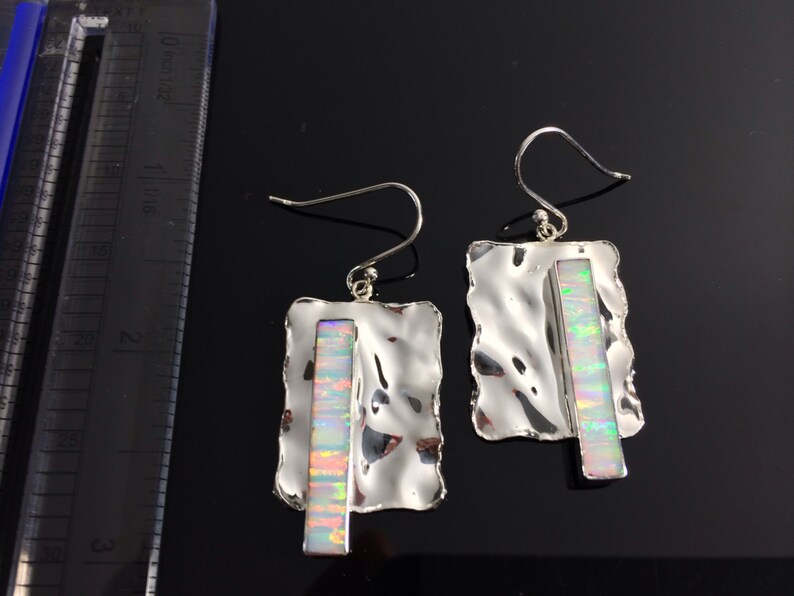 White Fire Opal Earrings Sterling Silver Hammered Rectangular Setting Geometric Opal Earrings Opal Earrings Opal