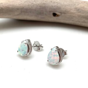 White Opal Post Earrings // White Opal Teardrop Stud Earrings 10mm // White Silver Earrings // 925 Sterling Silver // October Birthstone