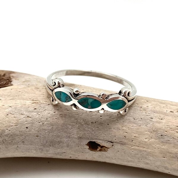 Multi Stone Natural Turquoise Silver Band Ring, 925 Sterling Silver, Size 5 to 10