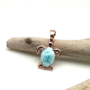 Tiny Sea Turtle Larimar Rose Gold Pendant / Larimar Sea Turtle / Long Life Larimar Sea Turtle / Gold Plated 925 Sterling