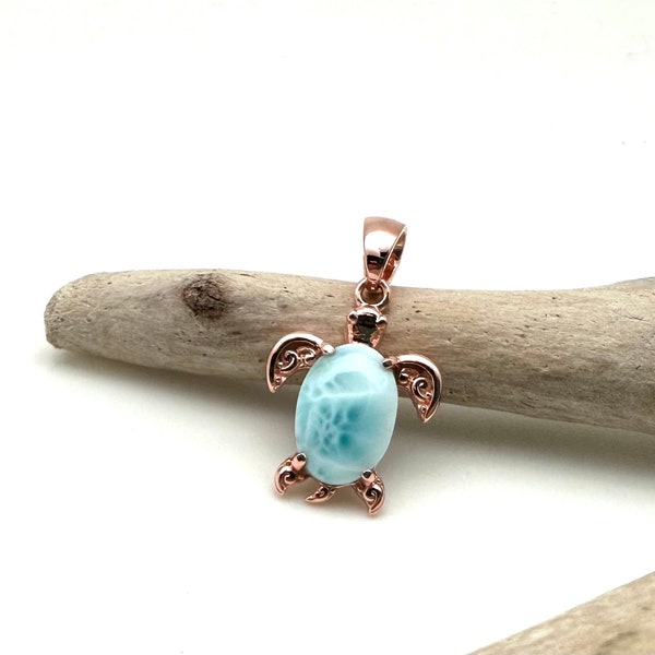 Tiny Sea Turtle Larimar Rose Gold Pendant / Larimar Sea Turtle / Long Life Larimar Sea Turtle / Gold Plated 925 Sterling