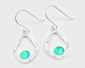 Opal Silver Earrings // Hammered Oval Setting //  Green Opal Earrings