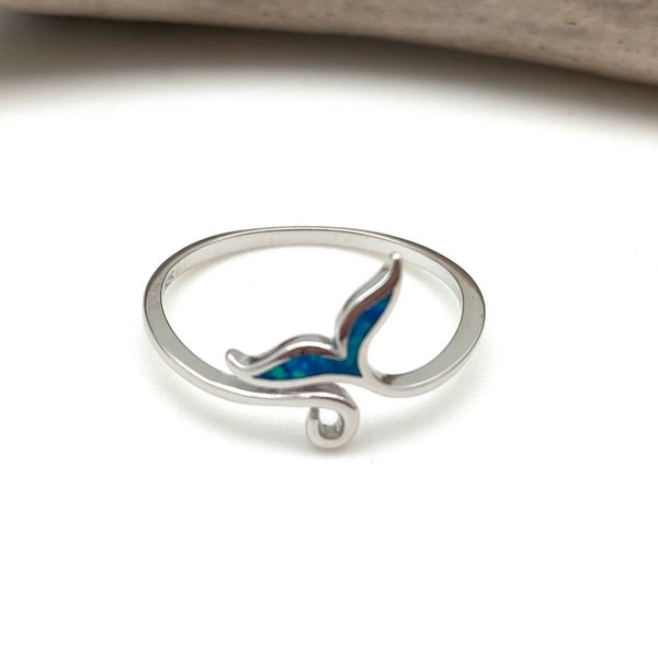 Blue Opal Silver Whale Tail Ring 4, 5, 6, 7, 8, 9 // Blue Opal Delicate Ring // Minimalist// Opal Sea Life Ring // 925 Sterling Silver