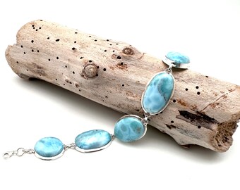 Pulsera de plata con larimar - Pulsera de plata con larimar ovalada lisa - Larimar natural - Pulsera de larimar azul - 18 a 20 cm - Plata de ley 925
