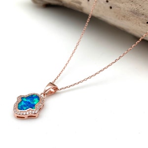 Hamsa Opal Silver Necklace 16&quot; to 17” // Blue Opal Hamsa  // Opal Hand of God // Opal // 925 Sterling Silver