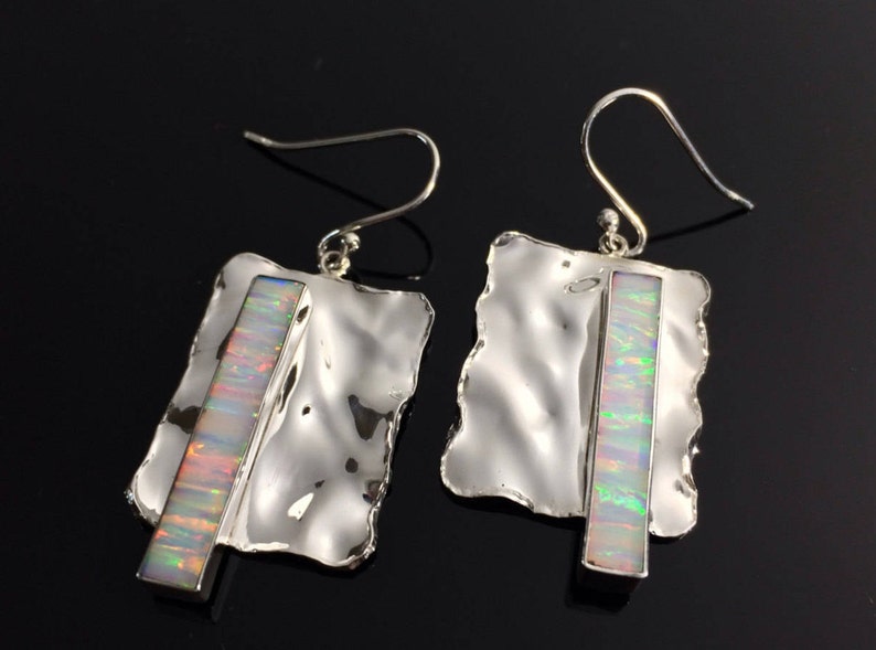 White Fire Opal Earrings  Sterling Silver  Hammered Rectangular Setting  Geometric Opal Earrings  Opal Earrings  Opal