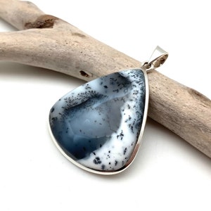 Dendritic Opal Pendant / Dendrite Agate Teardrop Silver Pendant 40mm / Smooth Dendrite / Black and White Calligraphy / 925 Sterling Silver