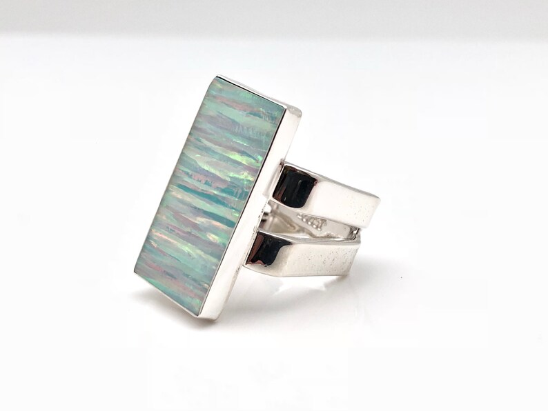 Size 8 Opal Ring Silver Opal Ring Double Band Rectangular Setting Opal Jewelry