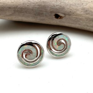 White Opal Swirl  Earrings // White Opal Stud Earrings 12mm //October Birthstone // 925 stetling