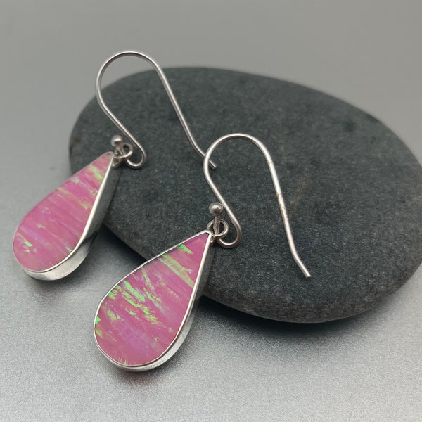 Pink Fire Opal Earrings // 925 Sterling Silver // Teardrop Shape // Lever Wires