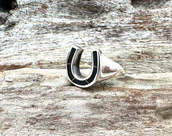 Black Onyx Horseshoe Ring 7-10 // 925 Sterling Silver // Good Luck
