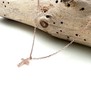 Rose Gold Cross Necklace 16”-17”// Simple Rose Gold Cross Pendant // Handmade Organic Cross // Sterling Silver
