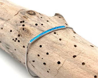 Blue Opal Bar Bracelet 6.5”- 7.5” / Silver Blue Opal Skinny Bracelet 2mm / Opal Bracelet / Delicate Blue Opal / October / 925 Sterling