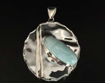 Larimar Pendant // 925 Sterling Silver // Hammered Circle Setting // Larimar Jewelry