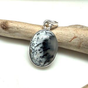 May include: Oval pendant with a silver-colored setting. The pendant features a polished stone with a black and white pattern, suspended from a silver bail. The pendant is resting on a piece of driftwood.