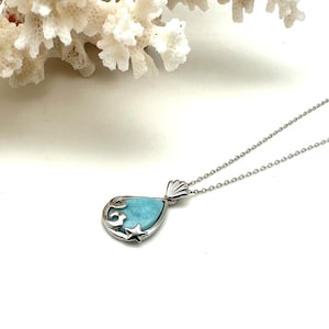 Larimar Wave Starfish zilveren ketting 16&quot;-18&quot; // moderne minimalistische larimar ketting // aquablauwe larimar-ketting // 925 sterlingzilver