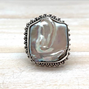 Freeform Pearl Silver Bead Ring size 7// Freeform Pearl Statement Silver Ring // Beaded Square Silver Ring // Japanese Pearl // 925 Silver