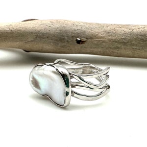 Pearl Ring Size 7 // Multi Band Silver Pearl Ring // Freshwater Pearl Ring // Pearl Ring // 925 Sterling Silver