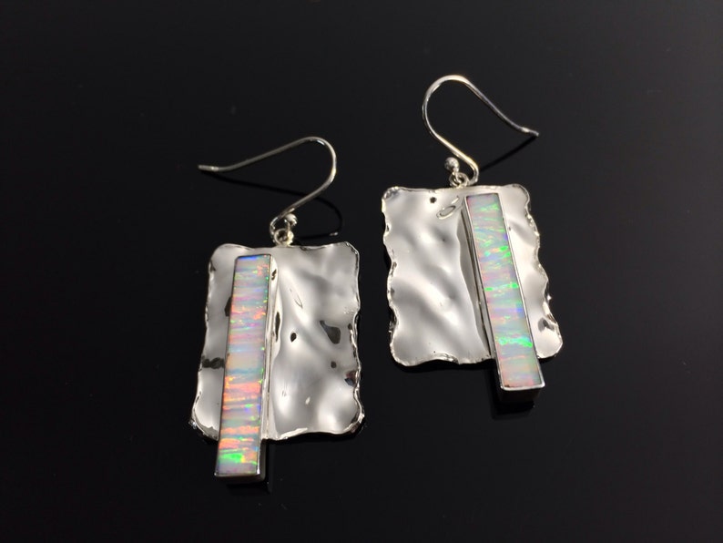 White Fire Opal Earrings Sterling Silver Hammered Rectangular Setting Geometric Opal Earrings Opal Earrings Opal
