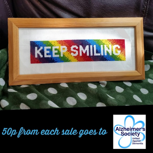 Keep smiling pattern v2 - *digital pattern* easy cross stitch, beginner embroidery, to benefit Alzheimers charity, rainbow bookmark