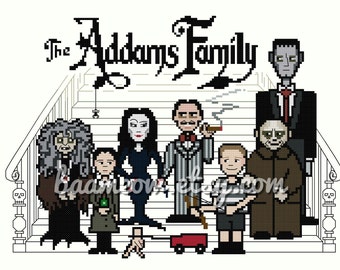 The Addams Family - *digital pattern* Halloween, parody, spooky, creepy, gothic, pixel people portrait