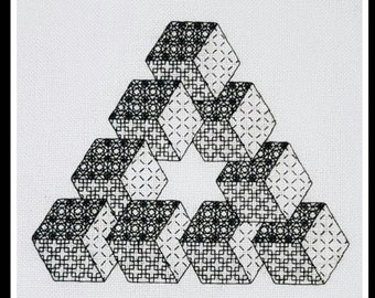 Penrose cubed - *digital pattern* Embroidery /cross stitch pattern, blackwork, redwork, optical illusion, escher, impossible triangle