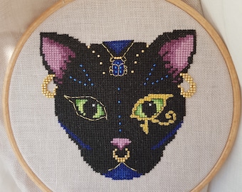 Bast - *digital pattern* Bastet, Black cat, Egyptian cat goddess, cross stitch pattern, Fabulous Felines