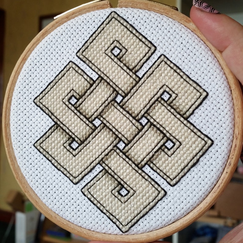Eternal Knot digital pattern Embroidery /cross stitch pattern tibetan or celtic endless knot rainbow and neutral colours, wall art image 2