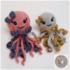 May include: Two knitted octopus plushies, one pink with gray tentacles and a gray bow, the other gray with yellow tentacles and a yellow flower.