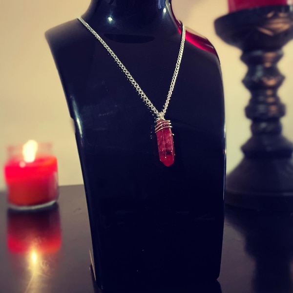 Blood Red raw Quartz point pendant necklace with chain Vampire halloween gift