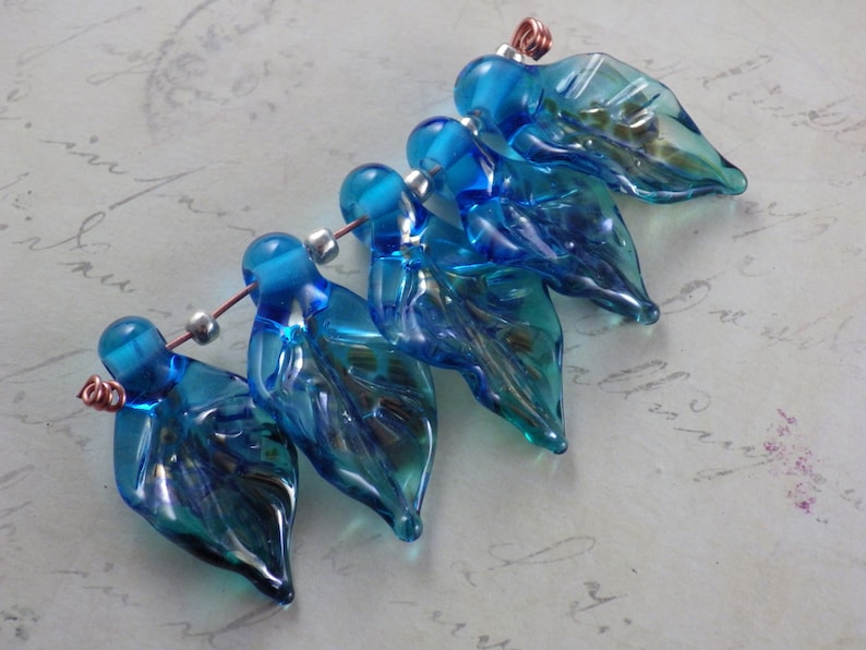 40x20mm Earring Charms 5 x Glass Leaves Artisan Leaf Pendants, Jewelry Making Supplies Lampwork Glass Leaves UK