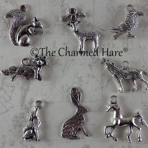 8 x Spirit Animal Charms Pendants, 3D Silver Pagan Charms, Wild Animals, Mixed Charms Set, Fox Wolf Raven Deer, Jewellery Making Supplies UK