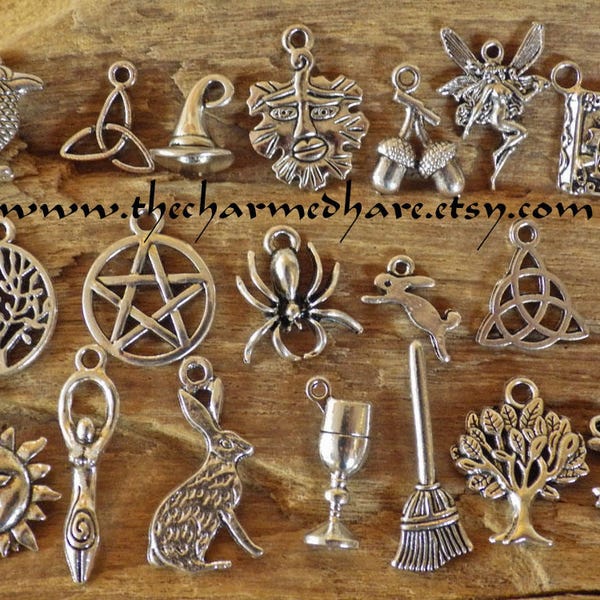 20 x Wiccan Wicca Pendants, Mixed Bracelet Charms, Silver Gothic Pagan Charm Casting Confetti, Wholesale Necklace Charms Set, Pentagram C2