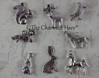8 x Forest Animals Charms Pendants, Mixed Silver Spirit Animals Set, Wiccan Pagan Jewellery Making Supplies UK, Fox Wolf Raven Horse Deer