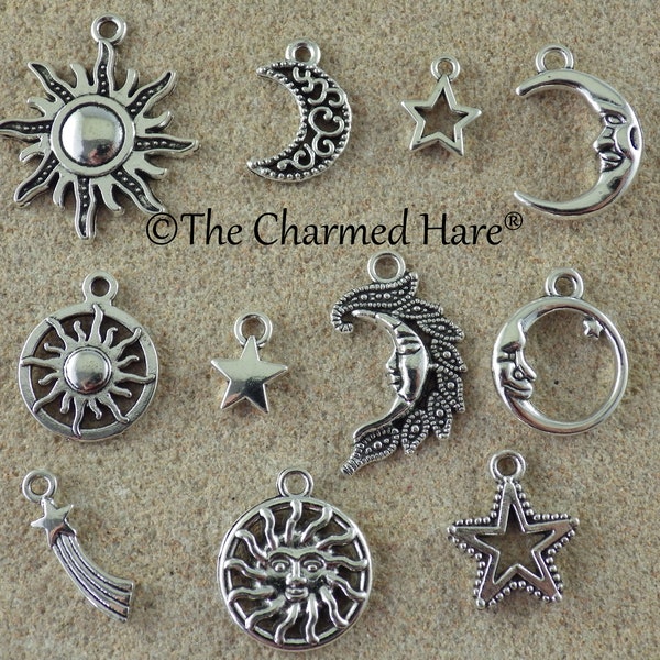 11 x Silver Crescent Moon Sun Star Bracelet Charms, Celestial Charms Pendants, Mixed Pagan Wiccan Earring Charms, UK Jewelry Making Supplies