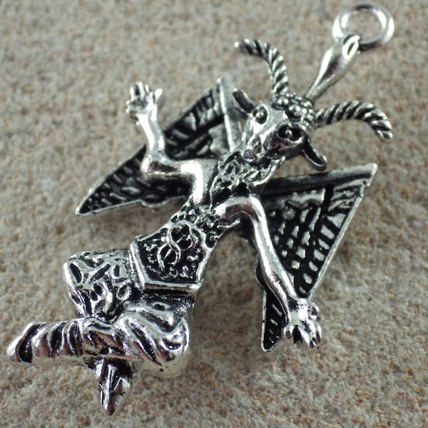 Large Baphomet Charm Pendant 44x28mm, Silver 3D Pagan Wiccan Wicca Occult Pendants, Jewelry Making Supplies UK Seller