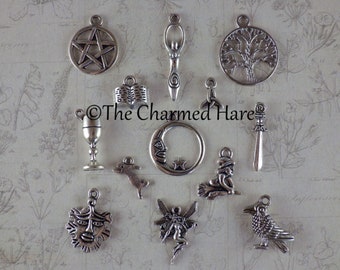 13 x Pagan Wiccan Charms Pendants, Witchy Bracelet Charms, Jewelry Making, Craft Supplies UK, Celtic Gothic Occult, Casting Tarot Witchcraft