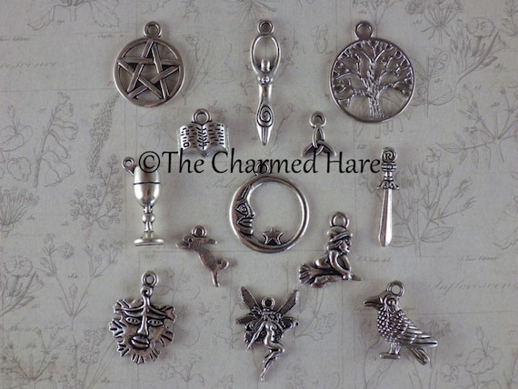 13 x Pagan Wiccan Charms Pendants, Witchy Bracelet Charms, Jewelry Making, Craft Supplies UK, Celtic Gothic Occult, Casting Tarot Witchcraft