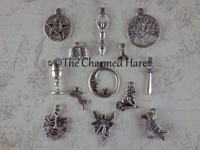 13 x Pagan Wiccan Charms Pendants, Witchy Bracelet Charms, Jewelry Making, Craft Supplies UK, Celtic Gothic Occult, Casting Tarot Witchcraft image 1