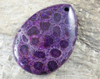 Purple Fossil Coral Teardrop Pendant 40x28mm, Semi Precious Gemstone, Statement Pendant, Flat Back Loose Stone, Jewellery Making Supplies J3