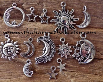 13 x Moon Sun Star Charms Pendants, Mixed Pagan Wiccan Gothic Celestial Nickel Free Silver Bracelet Charms, UK Jewellery Making Supplies